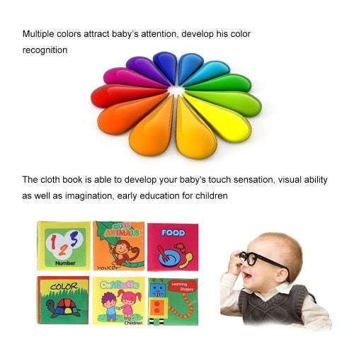 Coolplay Baby's First Non-Toxic Fabric Book 6Pcs Washable Soft Cloth Book Early Education Intelligent Toy for Infant Toddler Kids Learning