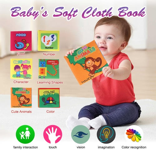 Coolplay Baby's First Non-Toxic Fabric Book 6Pcs Washable Soft Cloth Book Early Education Intelligent Toy for Infant Toddler Kids Learning