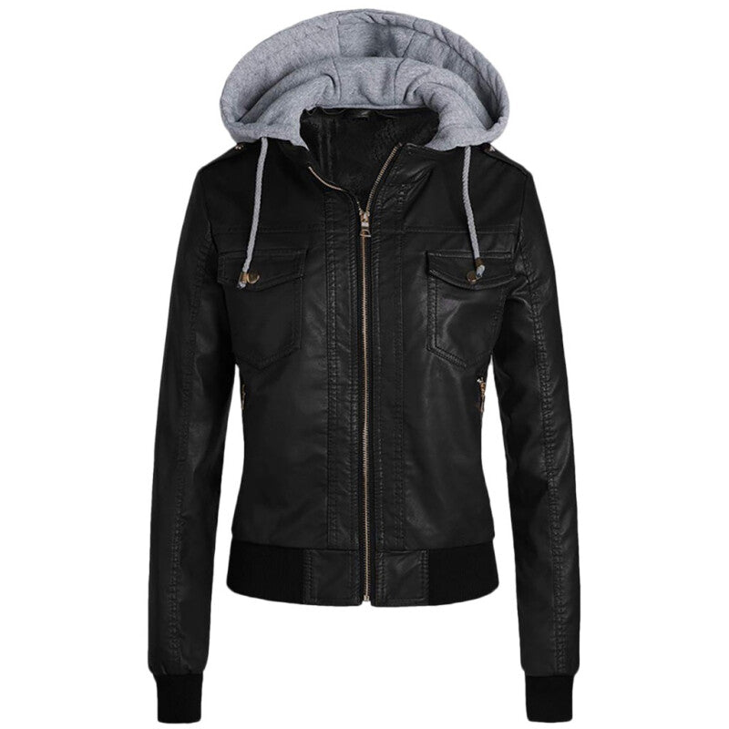 Toponeto Women Outwear Hooded Slim Leather Jacket - Black