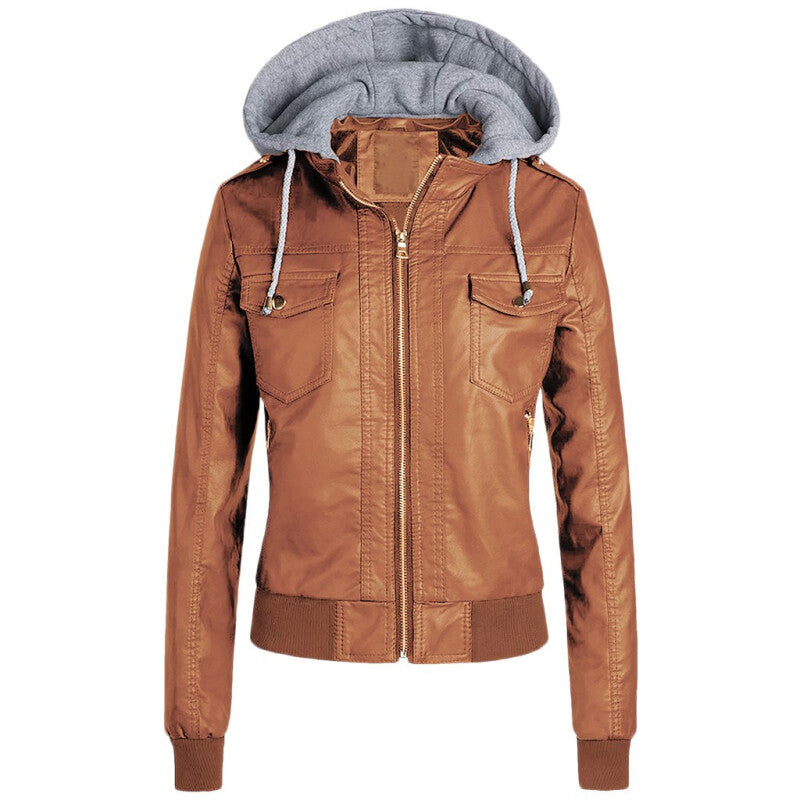 Toponeto Women Outwear Hooded Slim Leather Jacket - Brown