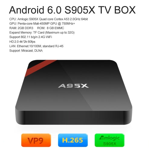 A95X Smart Android 6.0 TV Box S905X 2G/8G قابس أمريكي