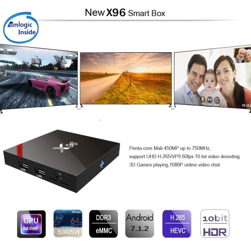 X96 أندرويد 7.1.2 مشغل الوسائط TV Box 1 جيجابايت / 8 جيجابايت