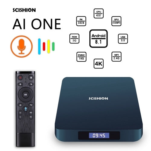 SCISHION AI ONE Android TV Box مع جهاز تحكم عن بعد صوتي