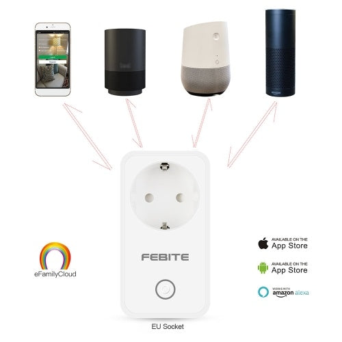 FEBITE FBE1 10A WiFi Smart Socket EU Plug Support Smartphone Remote Control & Timing Switch Works with Amazon Alexa & Google Home