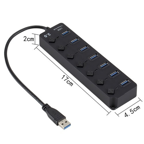 موزع USB 3.0 HUB 7 منافذ مع مفاتيح تشغيل/إيقاف عالية السرعة 5 جيجابت في الثانية وموسع منافذ USB متعددة للكمبيوتر الشخصي