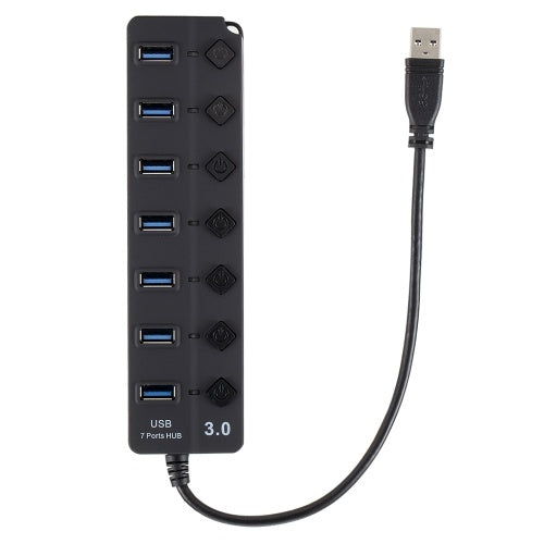 موزع USB 3.0 HUB 7 منافذ مع مفاتيح تشغيل/إيقاف عالية السرعة 5 جيجابت في الثانية وموسع منافذ USB متعددة للكمبيوتر الشخصي