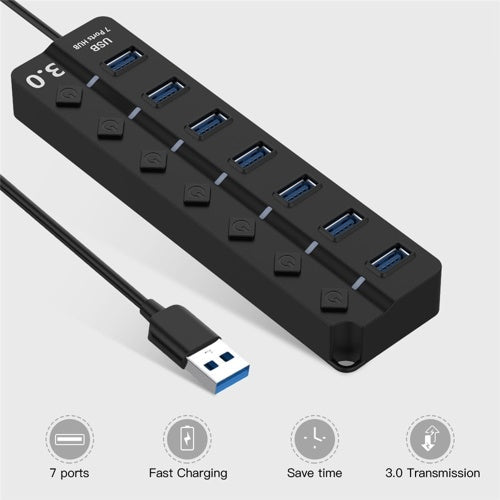 USB 3.0 HUB Splitter 7 Ports with On/Off Switches High Speed 5Gbps Micro Multiple USB Port Expander for PC Computer