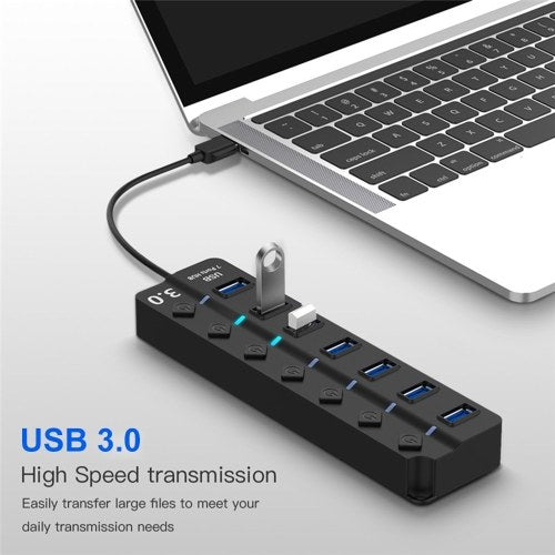 موزع USB 3.0 HUB 7 منافذ مع مفاتيح تشغيل/إيقاف عالية السرعة 5 جيجابت في الثانية وموسع منافذ USB متعددة للكمبيوتر الشخصي