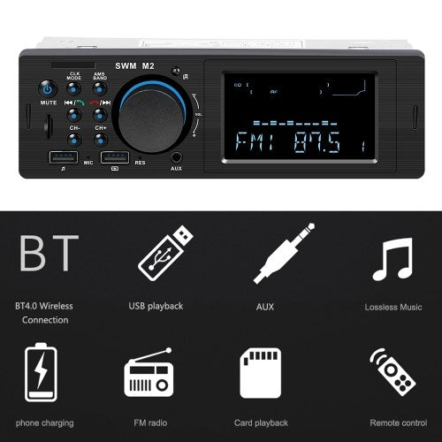 SWM M2 Bluetooth Car Stereo Car Audio FM Radio 60W Output MP3 Player Support USB TF Card Slot 3.5mm AUX Hands-free Call with Mic Wireless Remote Control