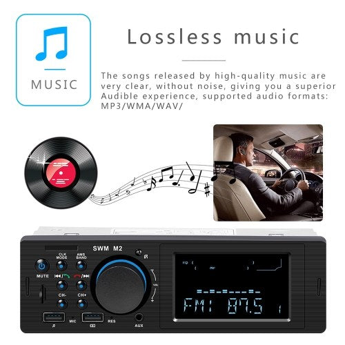 SWM M2 Bluetooth Car Stereo Car Audio FM Radio 60W Output MP3 Player Support USB TF Card Slot 3.5mm AUX Hands-free Call with Mic Wireless Remote Control