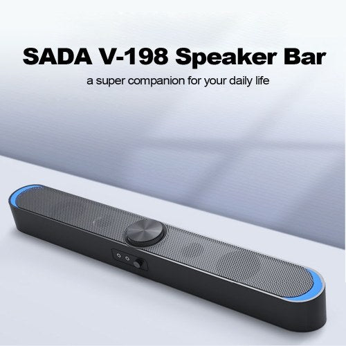 SADA V-198 USB Powered Sound Bar Computer Speakers with LED Lights 3.5mm Audio Mic Plug Wired Soundbar Speaker for PC Cellphone Tablets Desktop Laptop