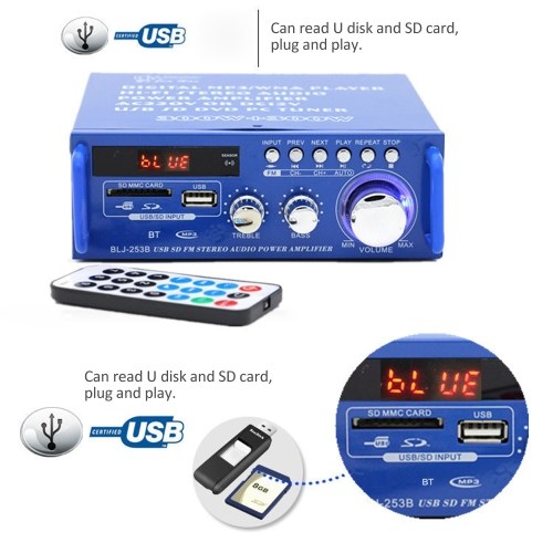 12V / 220V Mini Audio Power Amplifier BT Digital Audio Receiver AMP USB SD Slot MP3 Player FM Radio LCD Display with Remote Control Dual Channel 300W+300W for Car Home Use