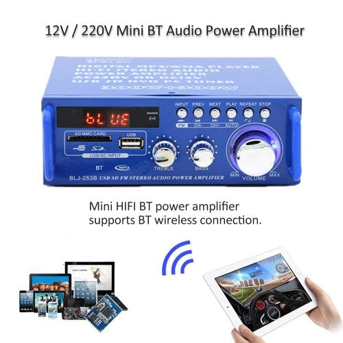 12V / 220V Mini Audio Power Amplifier BT Digital Audio Receiver AMP USB SD Slot MP3 Player FM Radio LCD Display with Remote Control Dual Channel 300W+300W for Car Home Use