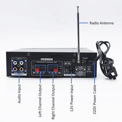 مضخم صوت صغير 220 فولت، مستقبل صوت رقمي BT، أمبير، فتحة USB SD، مشغل MP3، راديو FM، شاشة LCD، مدخل ميكروفون مزدوج مع جهاز تحكم عن بعد، قناة مزدوجة 50 وات+50 وات للاستخدام المنزلي في السيارة