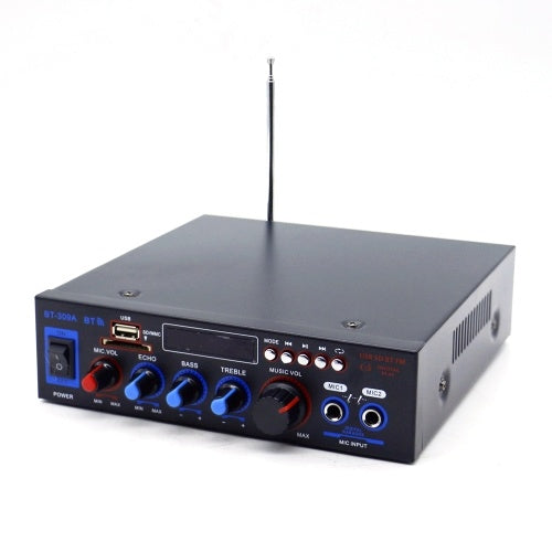 220V Mini Audio Power Amplifier BT Digital Audio Receiver AMP USB SD Slot MP3 Player FM Radio LCD Display Dual Microphone Input with Remote Control Dual Channel 50W+50W for Car Home Use