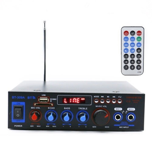 220V Mini Audio Power Amplifier BT Digital Audio Receiver AMP USB SD Slot MP3 Player FM Radio LCD Display Dual Microphone Input with Remote Control Dual Channel 50W+50W for Car Home Use