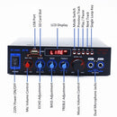 220V Mini Audio Power Amplifier BT Digital Audio Receiver AMP USB SD Slot MP3 Player FM Radio LCD Display Dual Microphone Input with Remote Control Dual Channel 50W+50W for Car Home Use