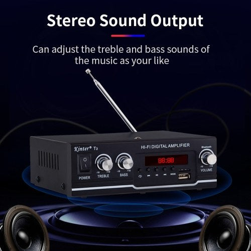 T2 Digital Audio Player BT Power Amplifier Audio 30W with USB Input FM Radio Control Subwoofer for Home and Car