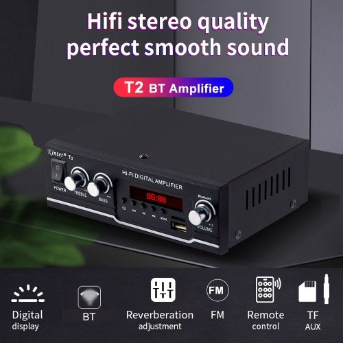 T2 Digital Audio Player BT Power Amplifier Audio 30W with USB Input FM Radio Control Subwoofer for Home and Car