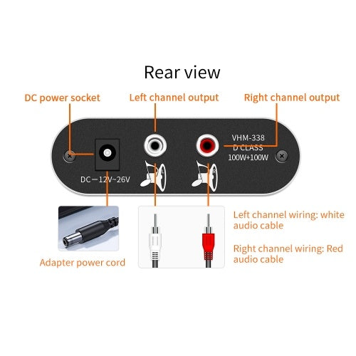 VHM338 Mini Bluetooth 5.0 Digital Amplifier Hifi Stereo Wireless Audio Receiver Power Amp 100W+100W Car Sound Amplifiers