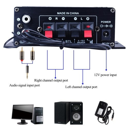 AK370 Mini Audio Power Amplifier Portable Sound Amplifier Speaker Amp for Car and Home