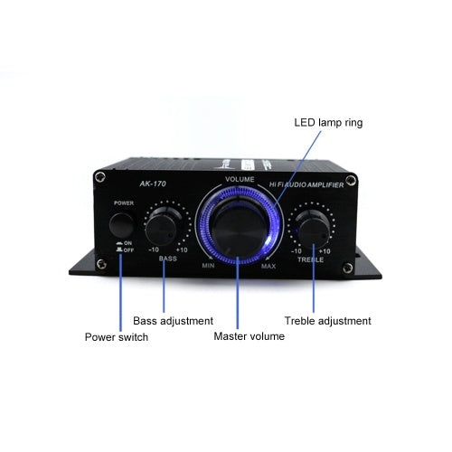 AK170 12V Mini Audio Power Amplifier Digital Audio Receiver AMP Dual Channel 20W+20W Bass Treble Volume Control for Car Home Use