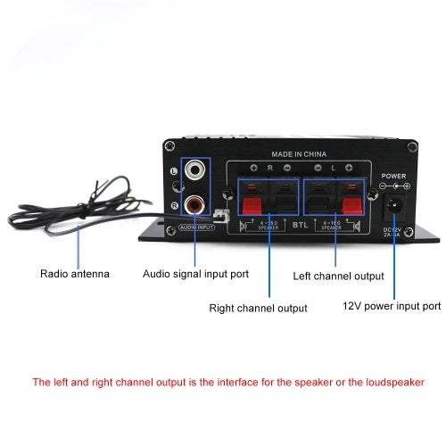 AK370 12V مضخم طاقة صوتي صغير BT مستقبل الصوت الرقمي AMP USB فتحة بطاقة الذاكرة مشغل MP3 راديو FM شاشة LCD مع جهاز تحكم عن بعد ثنائي القناة 20 وات + 20 وات التحكم في مستوى الصوت بثلاثة أضعاف للاستخدام المنزلي للسيارة