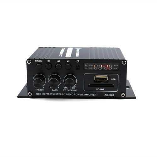 AK370 12V Mini Audio Power Amplifier BT Digital Audio Receiver AMP USB Memory Card Slot MP3 Player FM Radio LCD Display with Remote Control Dual Channel 20W+20W Bass Treble Volume Control for Car Home Use