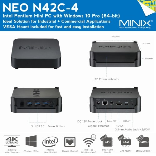 MINIX NEO N42C-4 كمبيوتر صغير Win10 Pro Intel Apollo Lake J4205 UHD 4K مشغل الوسائط 4 جيجابايت/64 جيجابايت