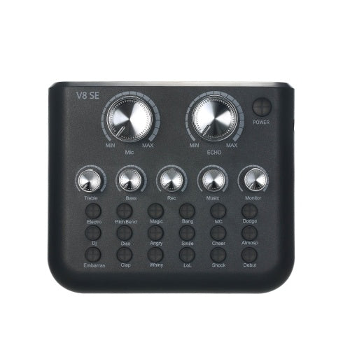 V8SE External Live Sound Card Mini Sound Mixer Board for Live Streaming Music Recording Karaoke Singing with 12 Sound Effects BT Connection for Smartphone Laptop PC