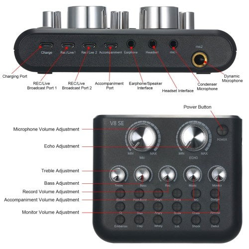 V8SE External Live Sound Card Mini Sound Mixer Board for Live Streaming Music Recording Karaoke Singing with 12 Sound Effects BT Connection for Smartphone Laptop PC