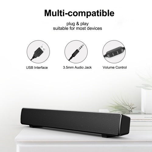 SADA V-103 Speaker Bar Computer Speakers Stereo HiFi Sound Wired Computer Sound Bar Rich Bass USB Powered Soundbar Speaker for PC TV Smart Phone Tablets Desktop Laptop