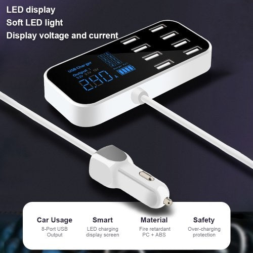 A9S Fast Car Charger 8 Port Multi USB LCD Display 12V Phone Charger USB Hub for Phone Tablets DVR