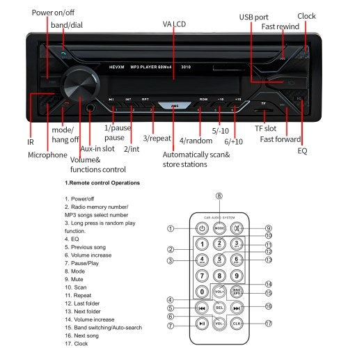 Car Stereo Radio MP3 Player FM USB AUX BT Auto Multimedia Player LED Display Car Audio Receiver with Colorful Light