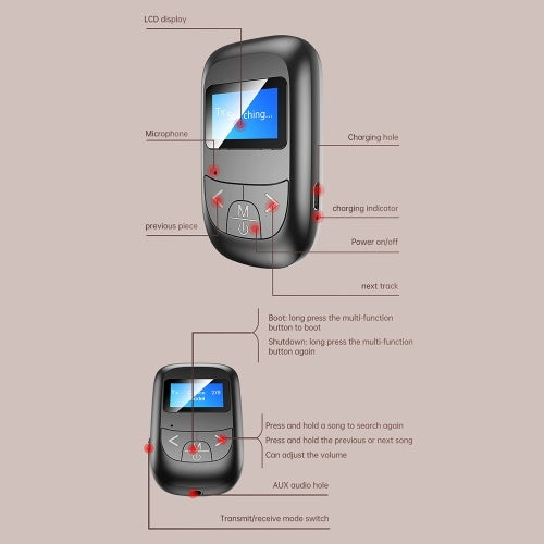 T14 بلوتوث 5.0 محول الصوت جهاز إرسال الصوت اللاسلكي شاشة LCD 3.5 ملم AUX مع ميكروفون لسماعات التلفزيون وستيريو السيارة