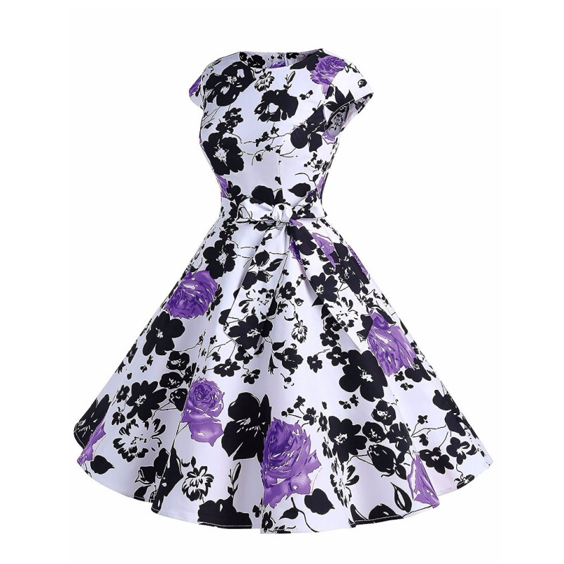 Vintage Women Floral Printed Cocktail Dress - Purple