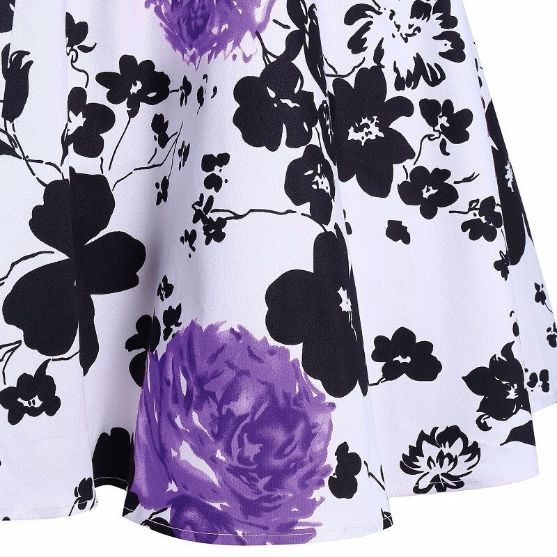 Vintage Women Floral Printed Cocktail Dress - Purple