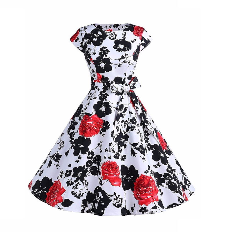 Vintage Women Floral Printed Cocktail Dress - Red