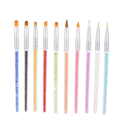 10pcs Acrylic Nail Brushes Professional Nail Tools UV Gel 3D Nail Art Design Painting Drawing Liner Pen Set with Acrylic Rhinestone Handle