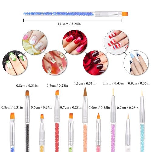 10pcs Acrylic Nail Brushes Professional Nail Tools UV Gel 3D Nail Art Design Painting Drawing Liner Pen Set with Acrylic Rhinestone Handle