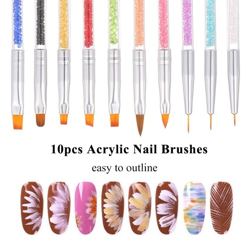 10pcs Acrylic Nail Brushes Professional Nail Tools UV Gel 3D Nail Art Design Painting Drawing Liner Pen Set with Acrylic Rhinestone Handle