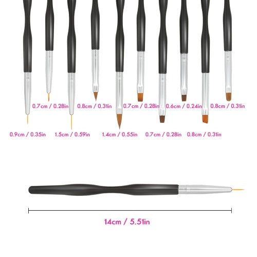 10pcs Professional Nail Art Brushes Pens Acrylic UV Gel Builder Brushes Set for Nail Painting Drawing DIY Nail Tool