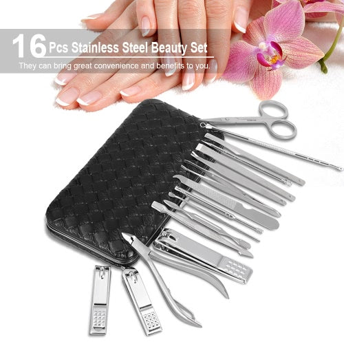 16Pcs Stainless Steel Manicure Pedicure Set With Bag