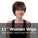 11'' Woman Wigs Short Straight Brown Hairpiece Real Human Hair Heat Resistant Female Wig