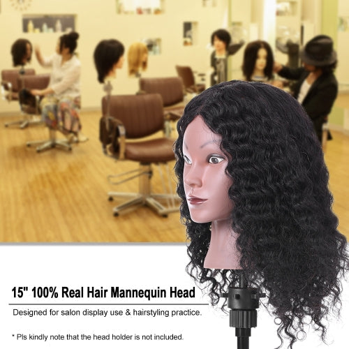 15" 100% Real Hair Mannequin Head Curly Hair Salon Training Head Cosmetology Mannequin Head Salon Dummy Head for Hair Styling Practice