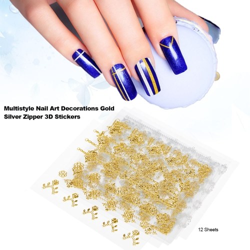 12 Sheets Multistyle Nail Art Decorations Gold Silver Zipper 3D Stickers Gel Polish Tips DIY Self-adhesive Easy Transfer Retro Wraps Decals