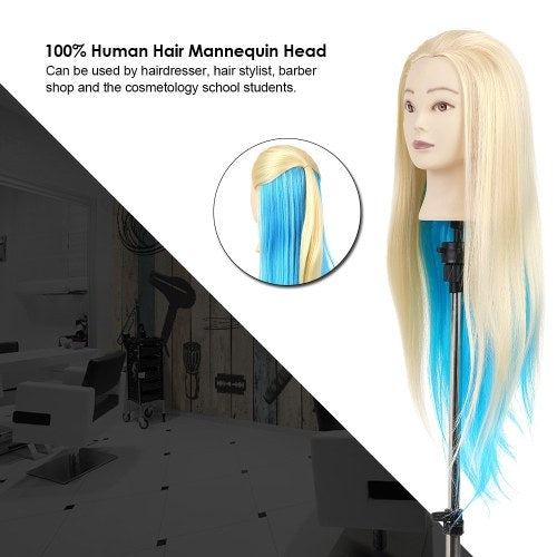 27" Mannequin Head Blue+Gold Hairdressing Training Head Hair Braiding Styling Practice Dummy Head Model With Clamp