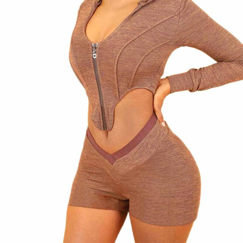 Women 2-pc Long Sleeve Top and Shorts - Brown