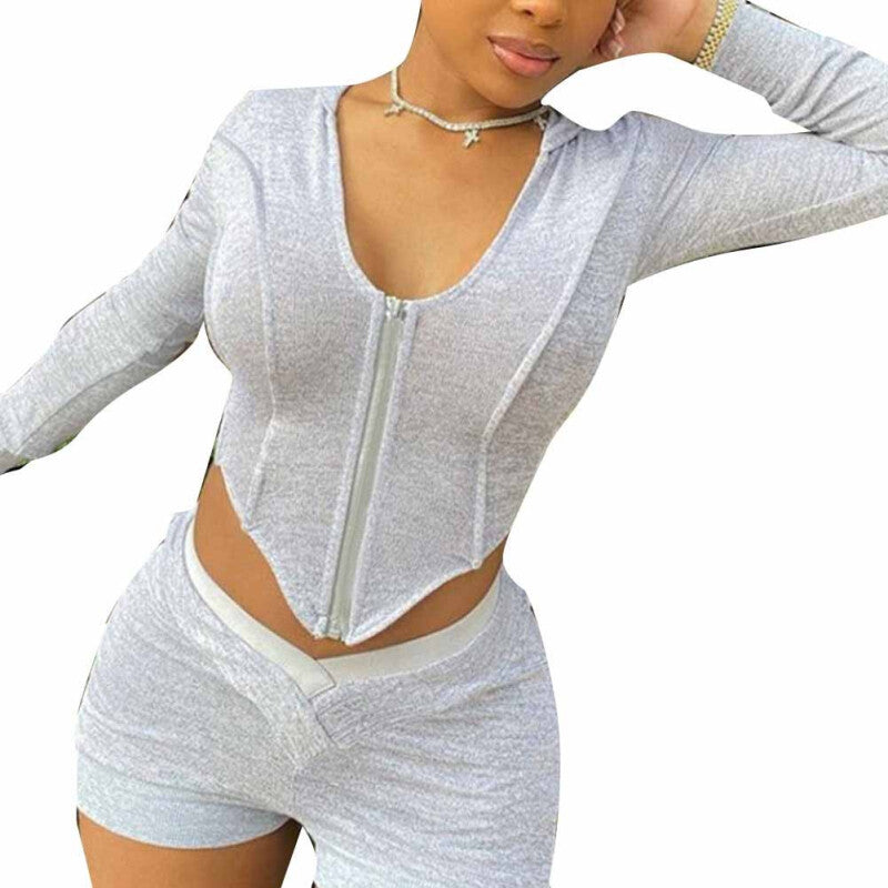 Women 2-pc Long Sleeve Top and Shorts - Grey