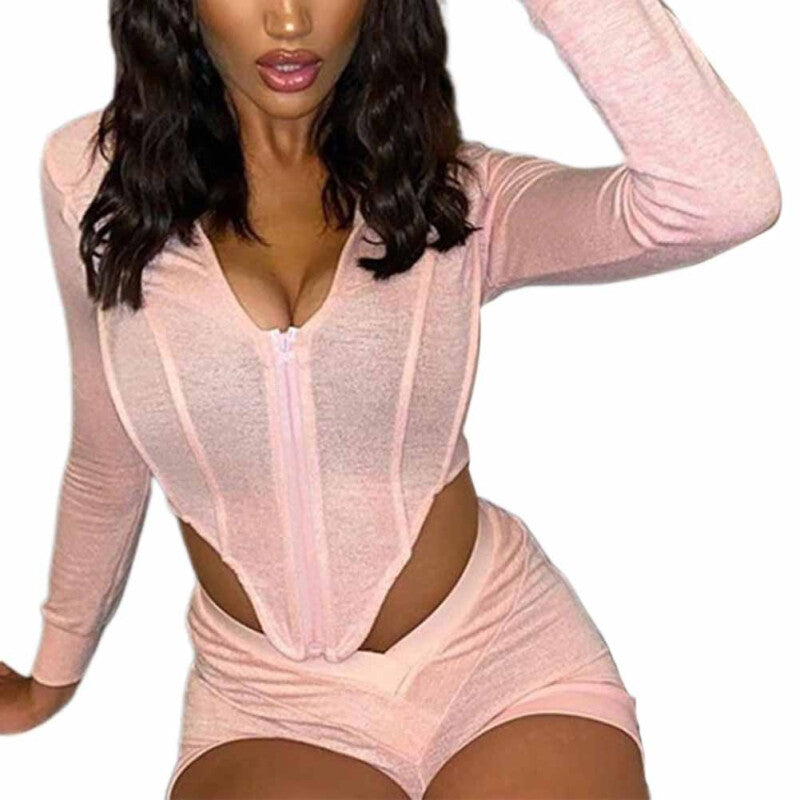 Women 2-pc Long Sleeve Top and Shorts - Pink